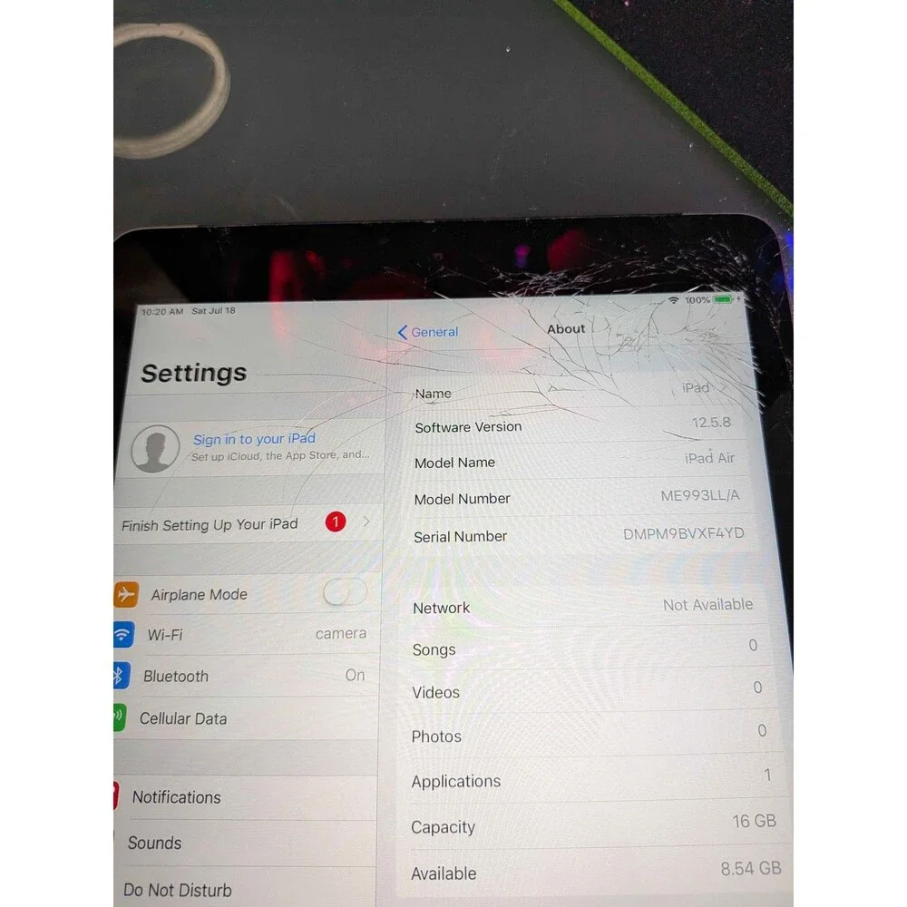 Apple iPad Air 1st Gen ME993LL/A 16GB Space Gray Cellular Cracked Screen